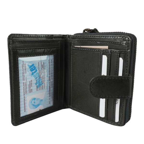 Black leather wallet with zip closure, card slots, and ID pocket – VaultZip by Two Sapiens