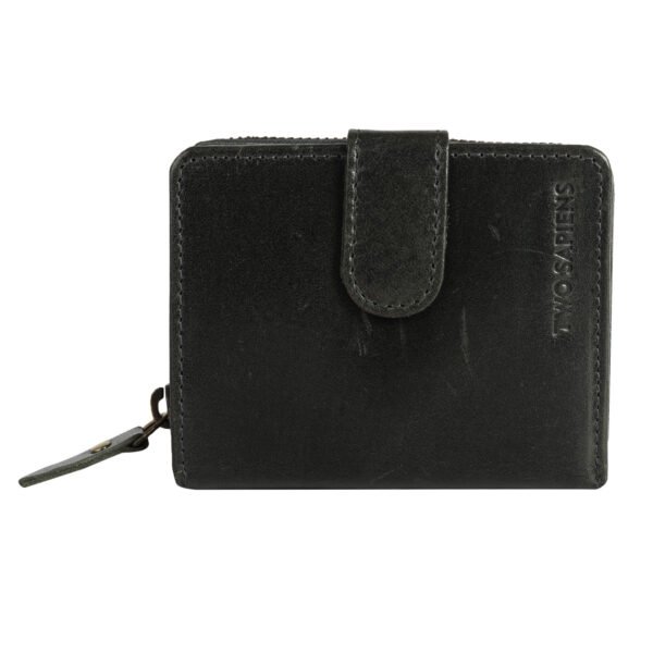 Premium black leather trifold wallet with ID window and multiple card slots