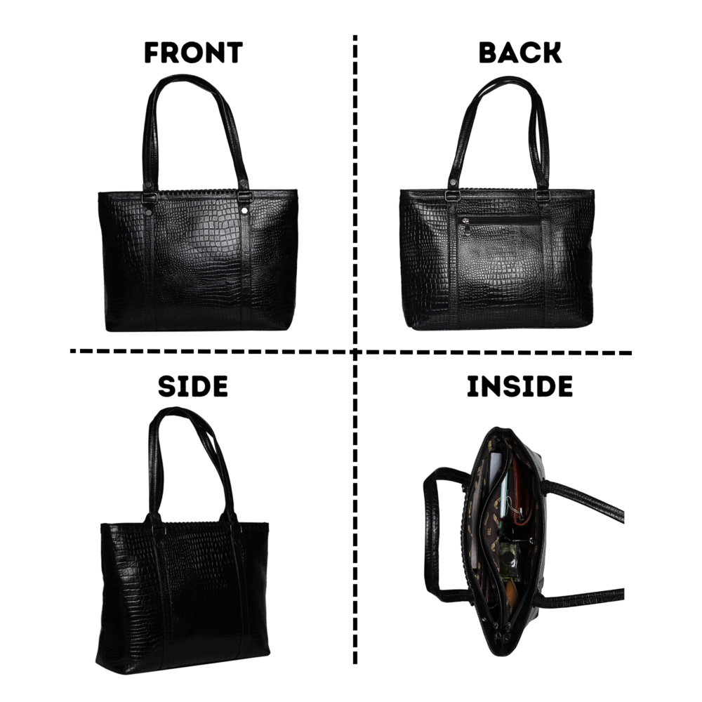 Stella Black Croco Leather Tote Bag – Front, Back, Side, and Inside View Showcasing Premium Crocodile-Texture and Spacious Design