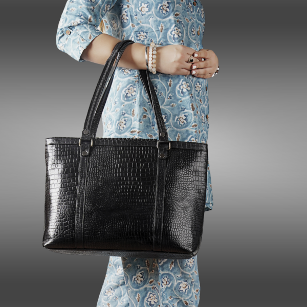 stella black croco leather tote bag – premium crocodile-textured handbag for daily use