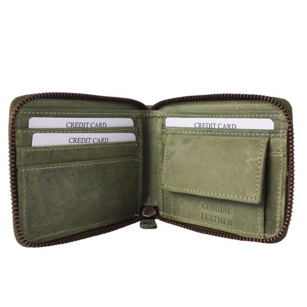 Forest green leather zip wallet with card slots and coin pocket – handcrafted by Two Sapiens