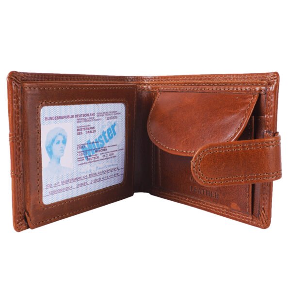 Brown leather bi-fold wallet with coin pocket, ID slot, and card holders – handcrafted by Two Sapiens