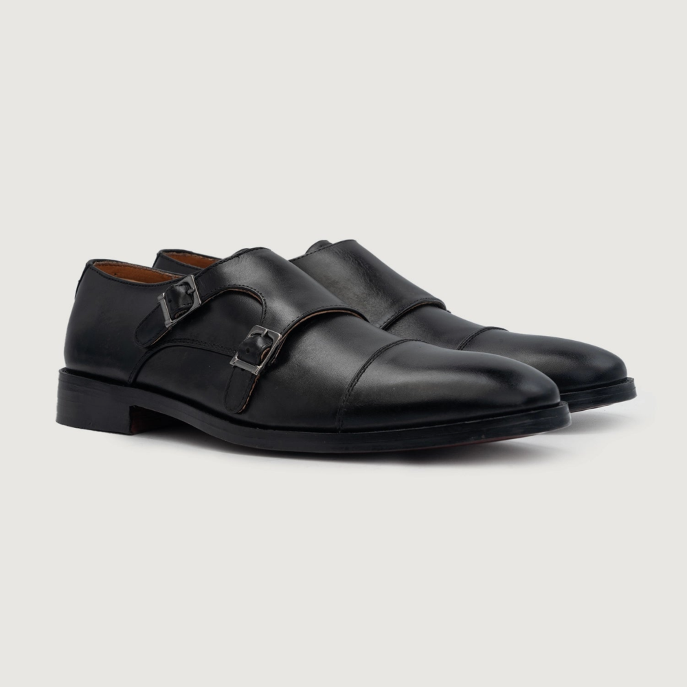 Black Double Monk Strap genuine leather shoes