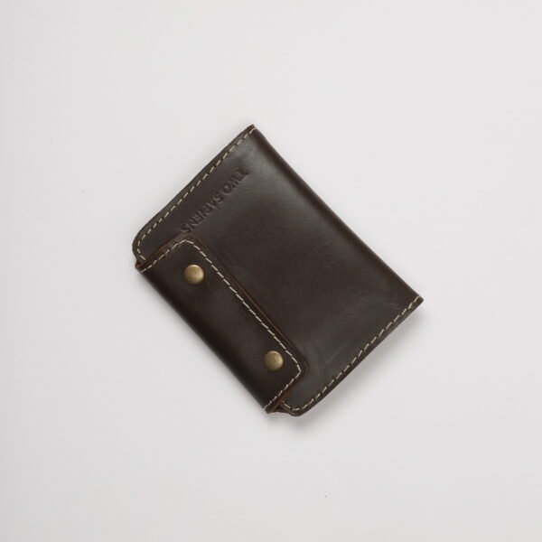 Dark brown genuine leather wallet with antique brass snap closure – Two Sapiens