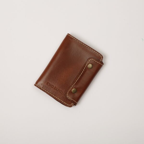 Tan brown leather wallet with dual snap button – handcrafted by Two Sapiens