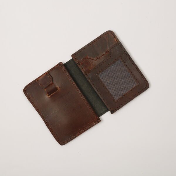Handmade bifold leather wallet in rustic brown and black with brass rivet detailing