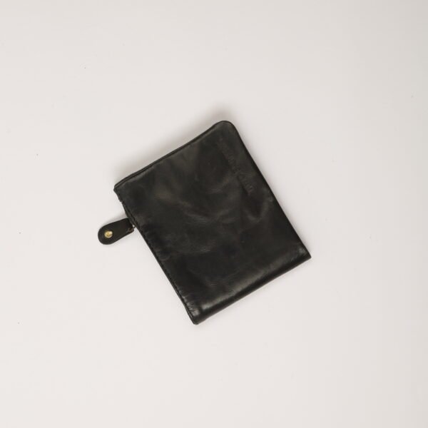 Black leather bifold wallet with card slots, zipper compartment and brass snap buttons – handmade by Two Sapiens