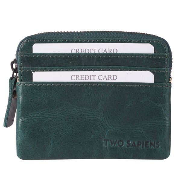 Green leather coin pouch and card holder by Two Sapiens – minimalist design