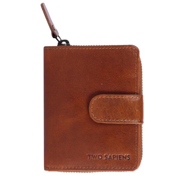 Tan genuine leather wallet with zip and coin pocket – handcrafted by Two Sapiens